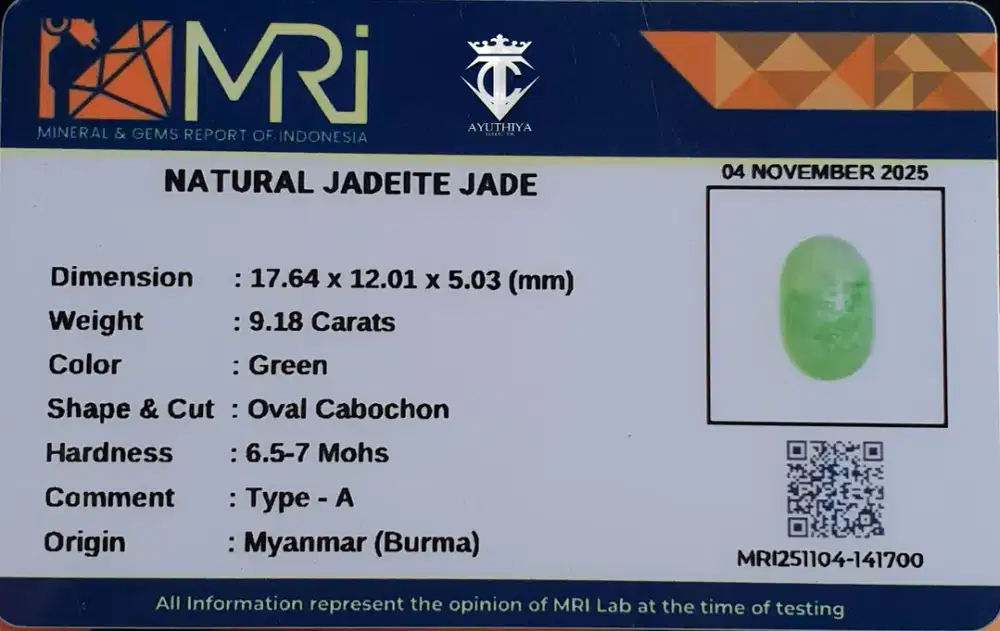 Batu Mulia Natural Jelly Jadeite Jade Burma Type A 9.18 Ct MRI Memo