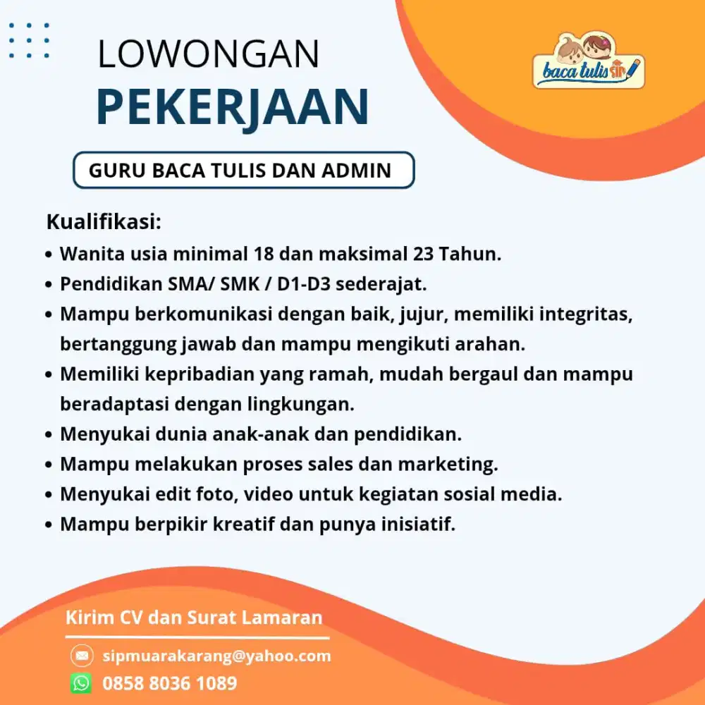 LOWONGAN PEKERJAAN GURU & ADMIN