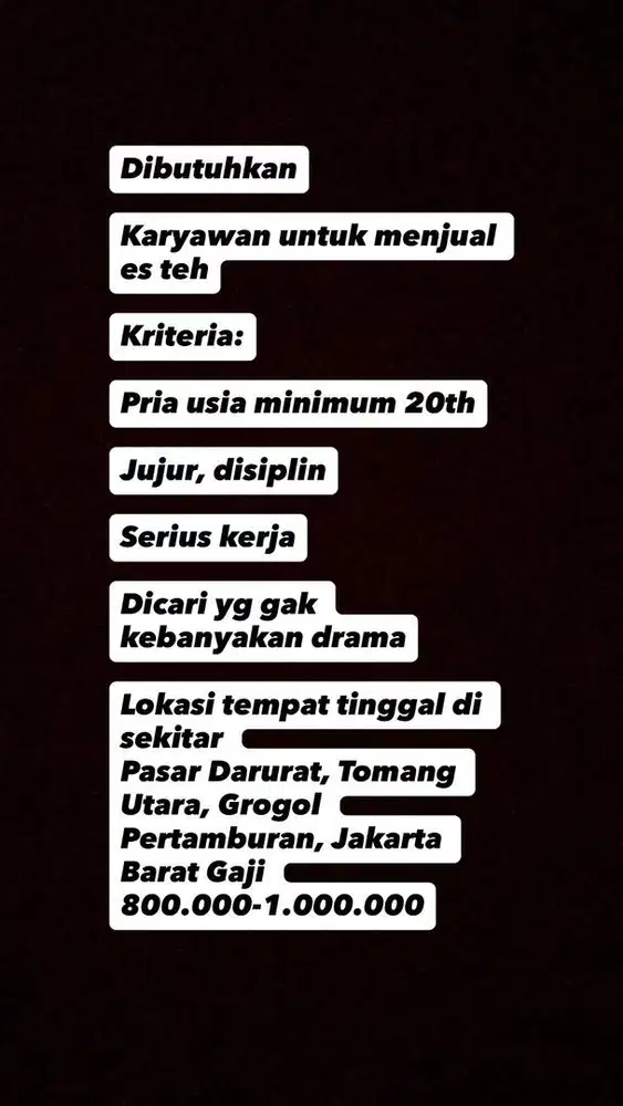 dibutuhkan karyawan untuk jaga booth es teh