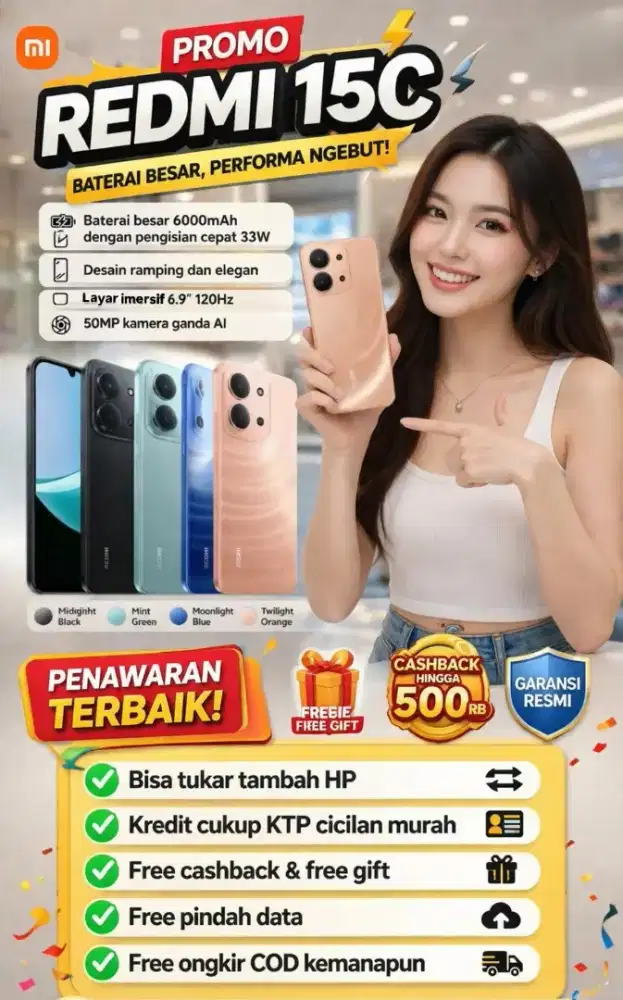 Promo Redmi 15C - ORI New Segel garansi 15 bulan - Cashback upto 100k