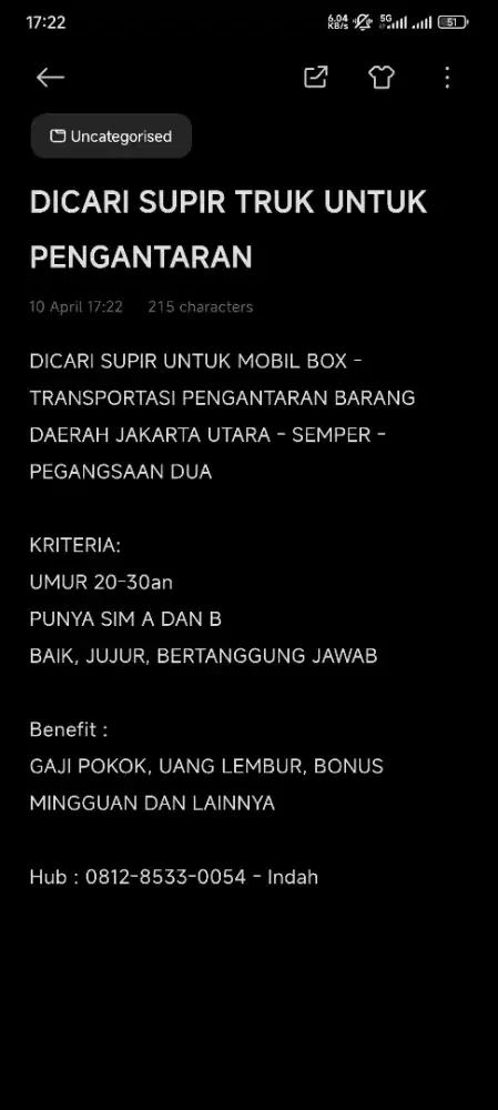 LOWONGAN KERJA SUPIR TRANSPORTASI PENGANTARAN BARANG