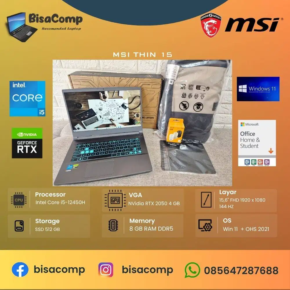 MSi Thin A15 Core i5 12th Gen SSD 512gb Ram 8gb RTX 2050 4gb 15,6FHD