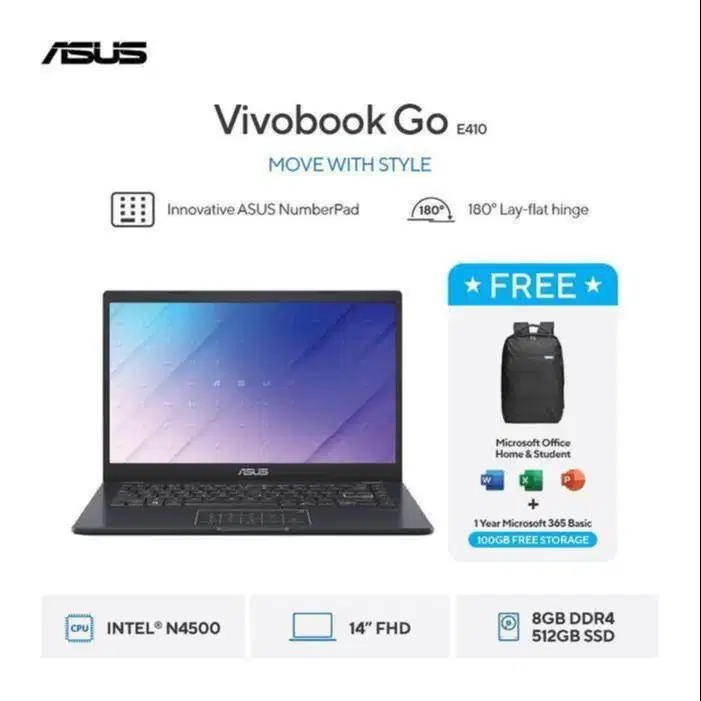 ASUS VIVOBOOK GO 14 E410KA N4500 RAM 8GB SSD 512GB W11 OHS 14 Inchi FH