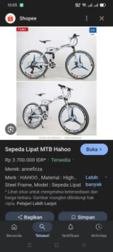 Sepeda gunung lipat merk HAHOO 1.5jt kondisi bagus jarang dipakai