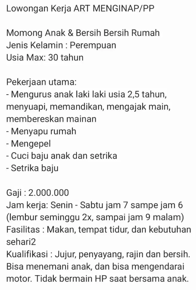 Lowongan Kerja ART MENGINAP/PP