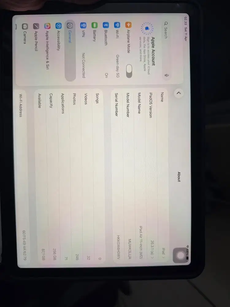 IPAD AIR M2 11 INCH 256GB WIFI ONLY BU