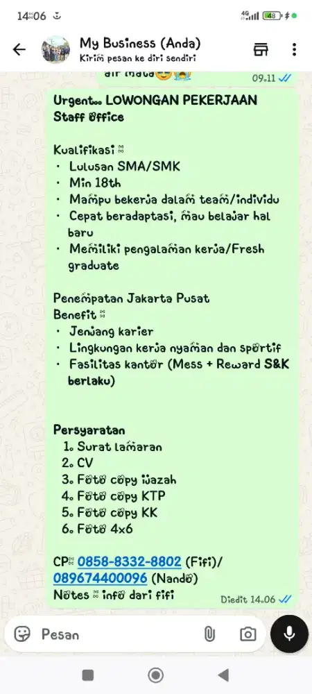 Urgent di butuhkan staff office