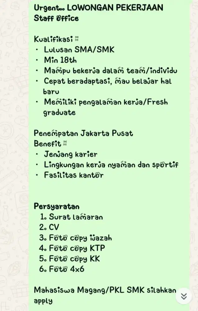 Urgent dibutuhkan segera Staff office