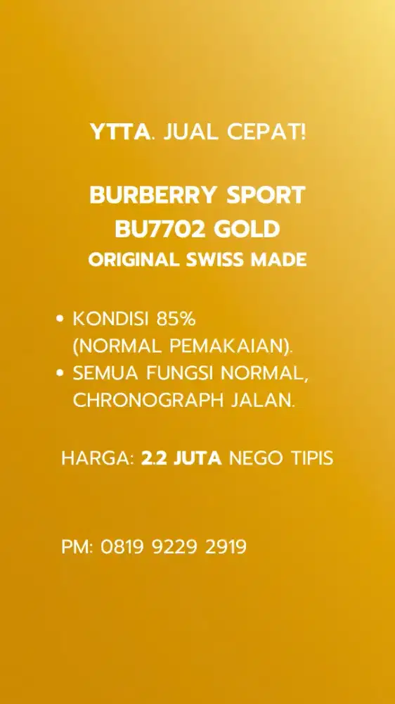 YTTA - DIJUAL CEPAT!
BURBERRY SPORT | BU7702 | ORIGINAL SWISS MADE
