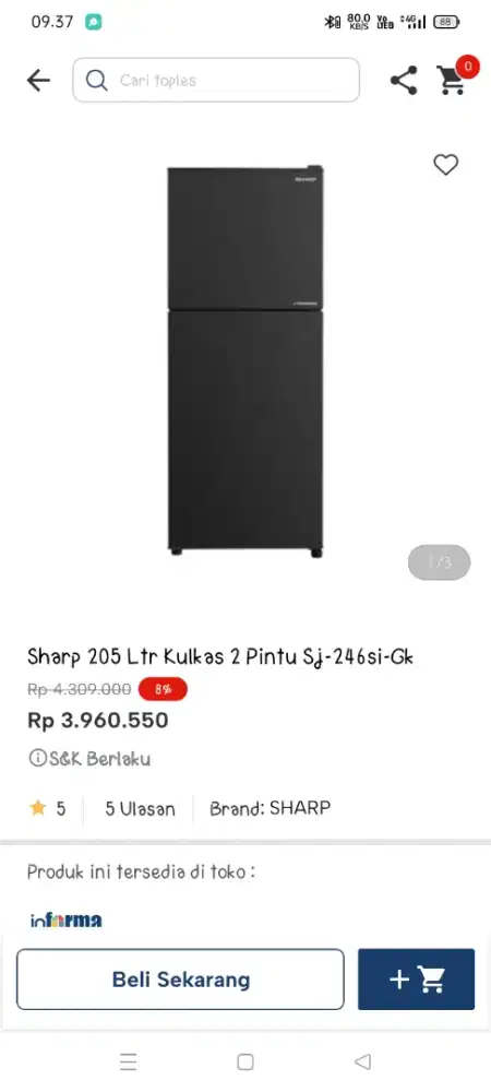 Promo kulkas 2 pintu sharp