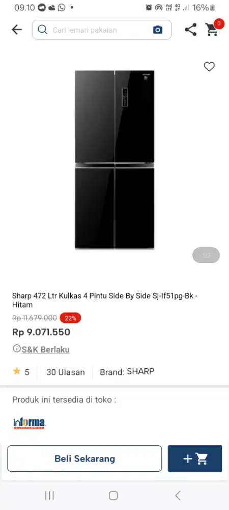 PROMO KREDIT SHARP 472 LTR KULKAS 4 PINTU SBS