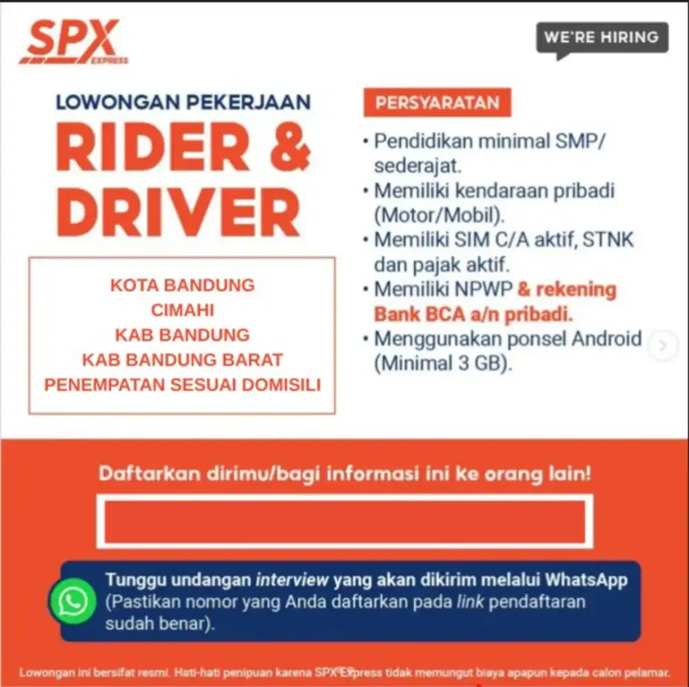 LOWONGAN KERJA MITRA KURIR SHOPEE SPX EXPRESS