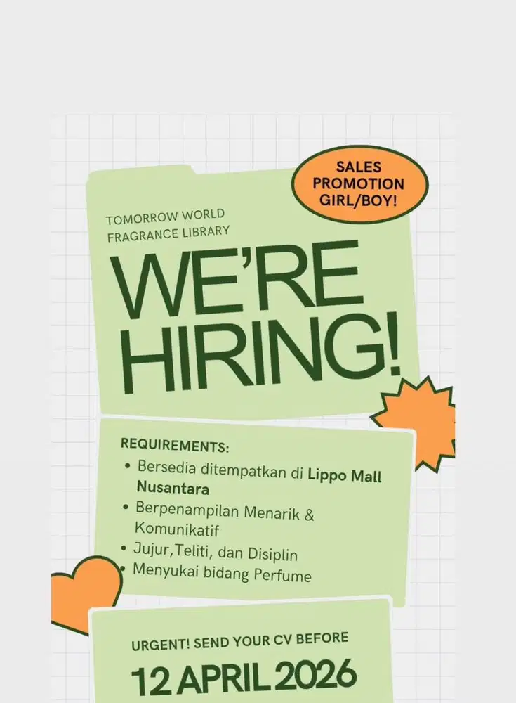 Di cari spg parfum untuk di tempatkan di mall