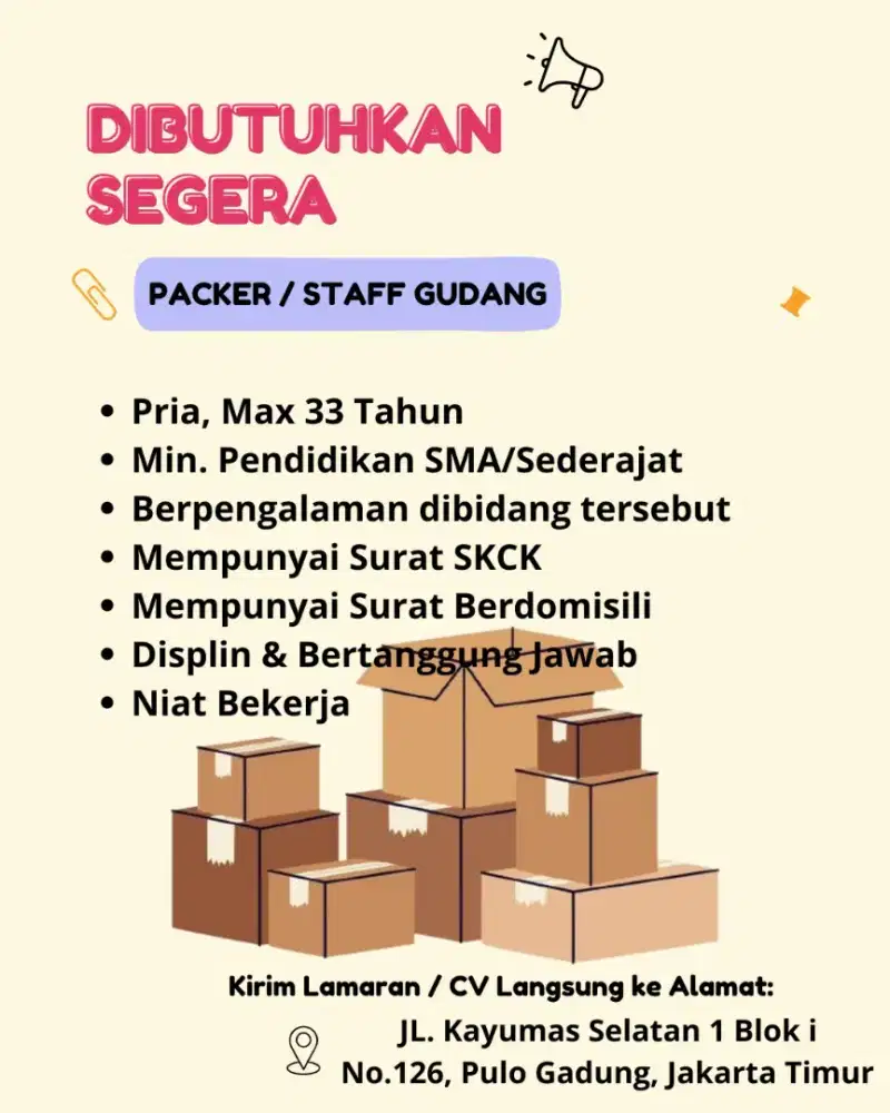 DIBUTUHKAN SEGERA PACKER / STAFF GUDANG
