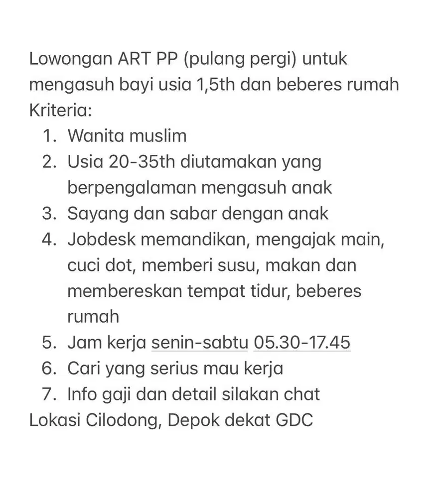 Lowongan ART PP (pulang pergi)