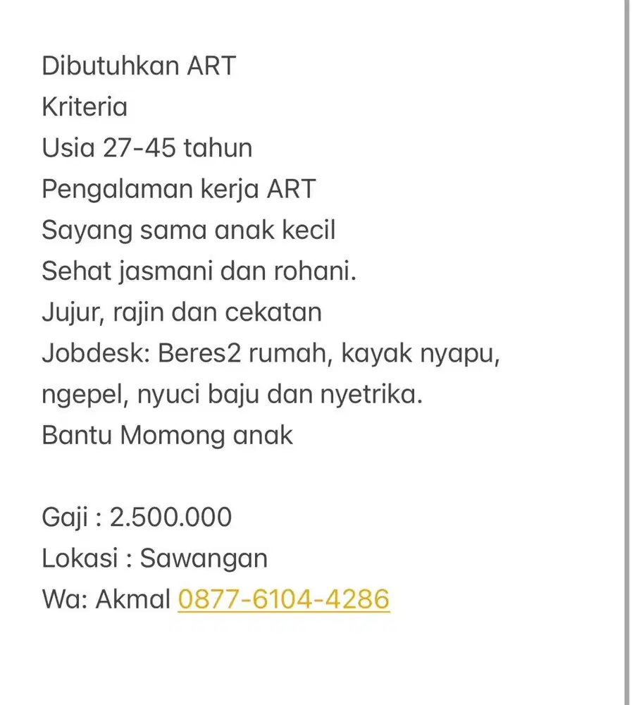DI BUTUHKAN ART SECEPATNYA ART MENGINAP