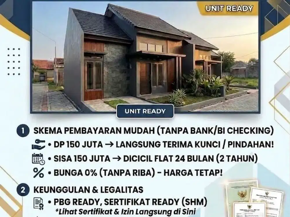 Solusi Cerdas Punya Rumah : Harga 300juta, DP bisa di cicil tanpa bunga, Legalitas Lengkap Sertifikat Ready. Segera Miliki Unitnya!