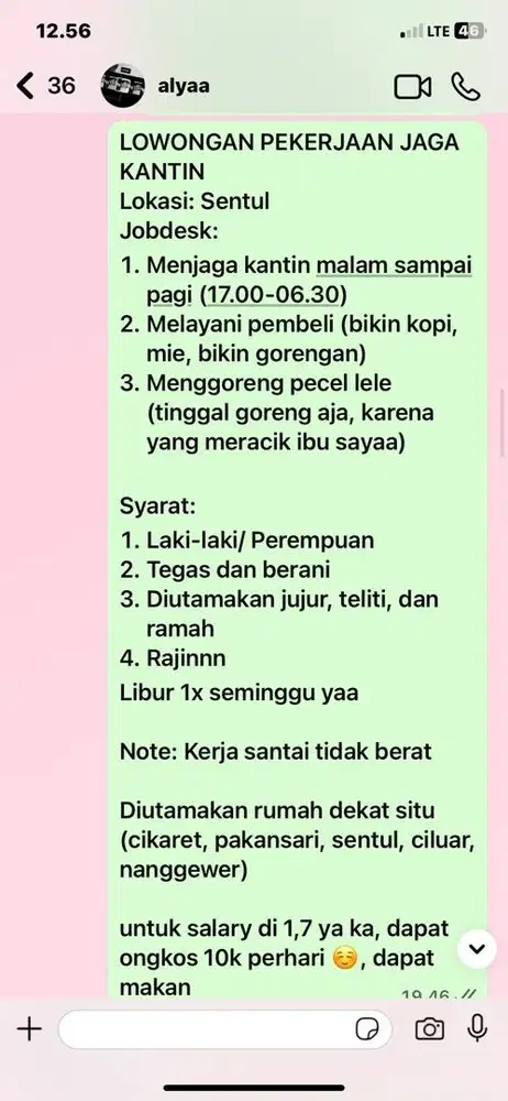 DIBUTUHKAN KARYAWAN MALAM UNTUK JAGA KANTIN SENTUL