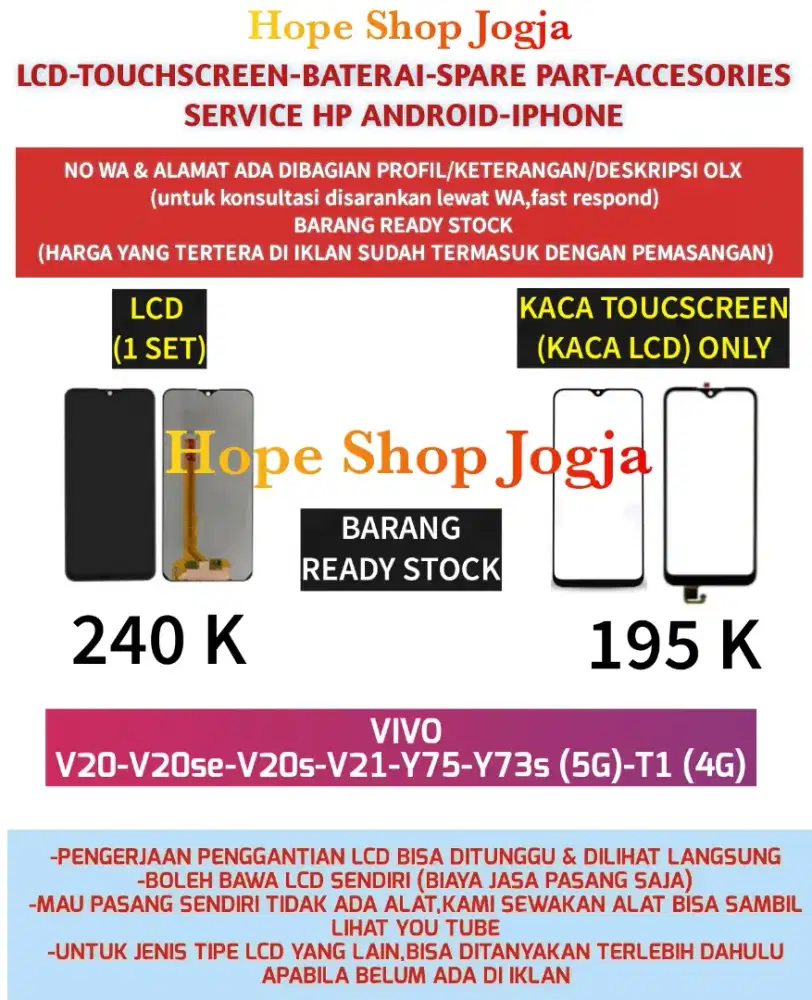 Ganti Touchscreen-Baterai-LCD V20-V20SE-Y75-Y73s (5G)-T1 (4G)