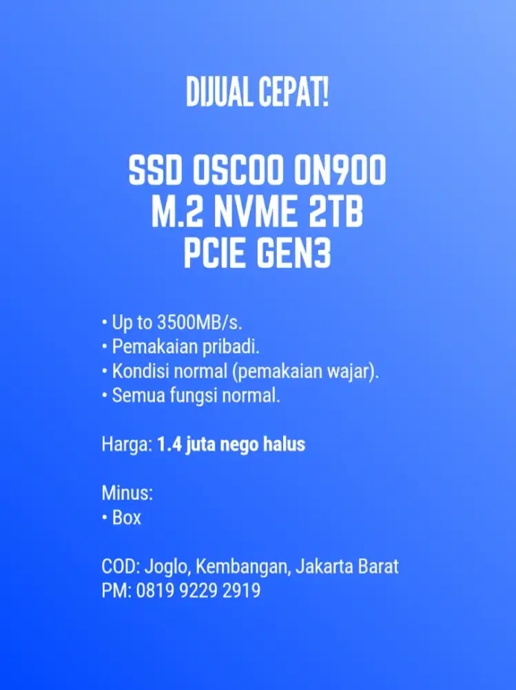 DIJUAL CEPAT! OSCOO ON900 M.2 NVME 2TB PCIe Gen3