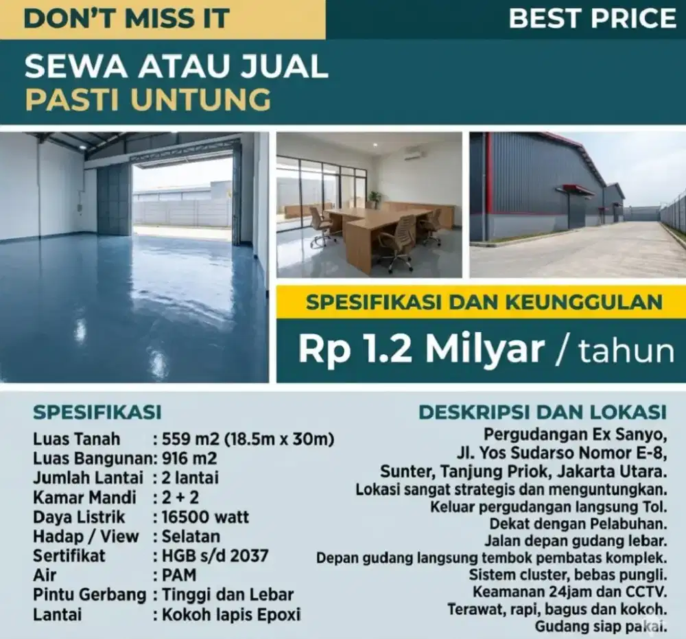 SEWA GUDANG SUNTER YOS SUDARSO LOKASI STRATEGIS PASTI UNTUNG