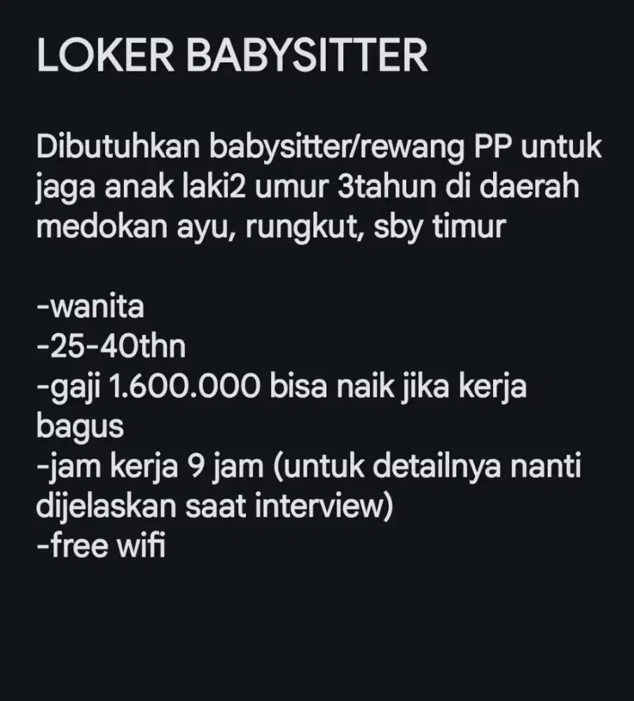 DIBUTUHKAN CEPAT BABYSITTER/REWANG PP