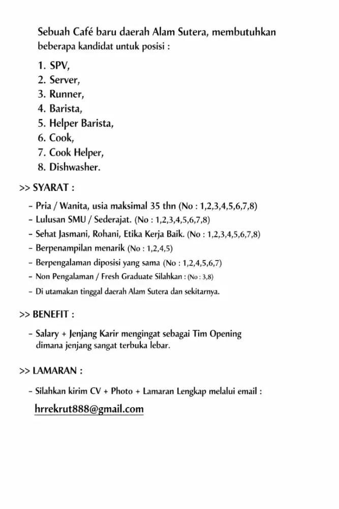 Lowongan Kerja Loker All Position Cafe Baru Spv, Waiter, Barista, Cook