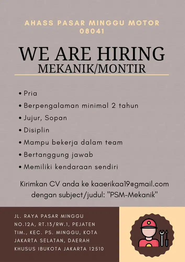 DICARI MEKANIK MOTOR BERPENGALAMAN JAKARTA SELATAN (AHASS PASAR MINGGU