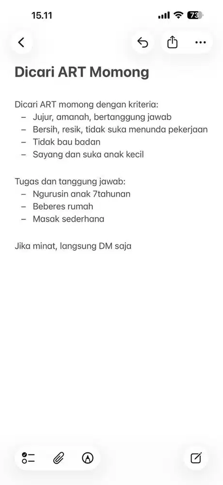 Dicari ART momong MENGINAP