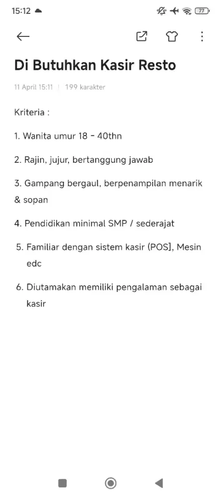 Di Cari / Dibutuhkan Kasir Resto