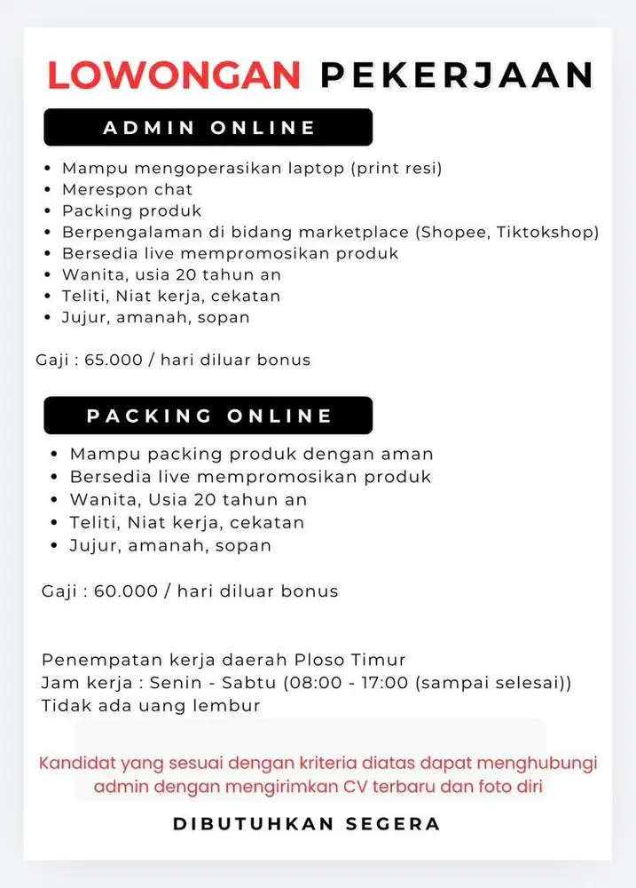 LOWONGAN KERJA BAGIAN ADMIN DAN PACKING ONLINE DIBUTUHKAN SEGERA