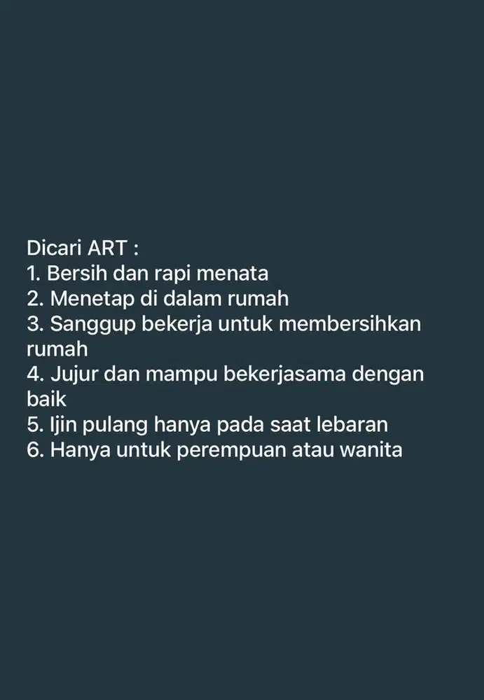Dicari Asisten Rumah Tangga Khusus Perempuan