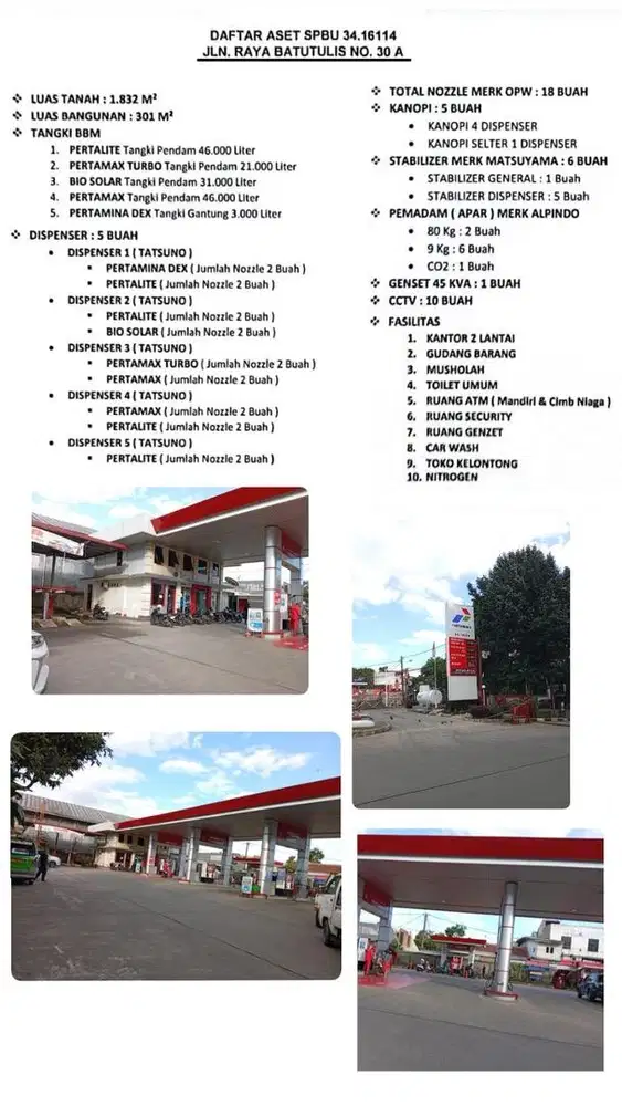 DI JUAL SPBU batu tulis bogor