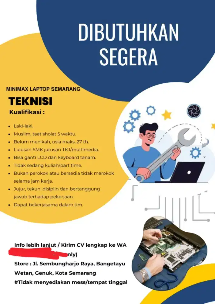 Di butuhkan Asisten Teknisi Laptop