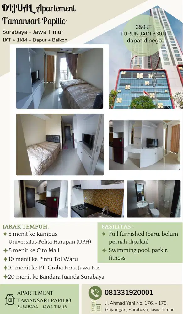 Dijual Apartemen Tamansari Papilio Surabaya, turun harga
