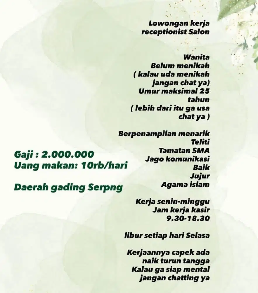 LOKER RESEPSIONIS GADING SERPONG