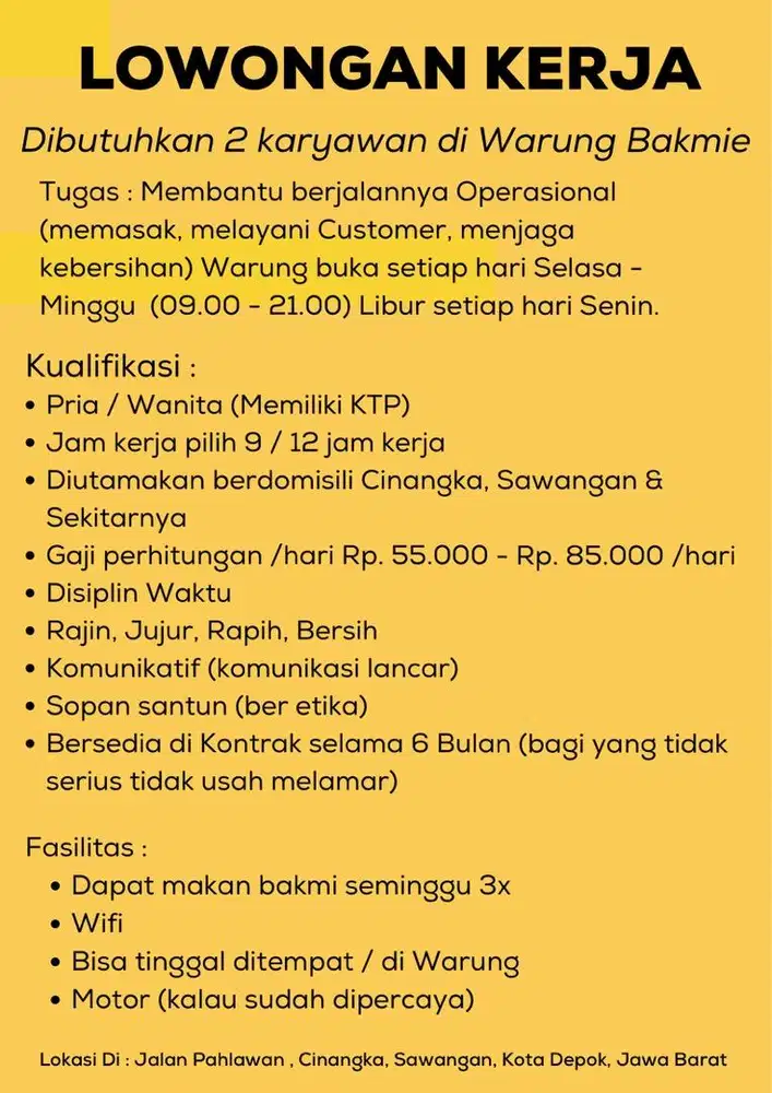 Lowongan Karyawan Warung Bakmi