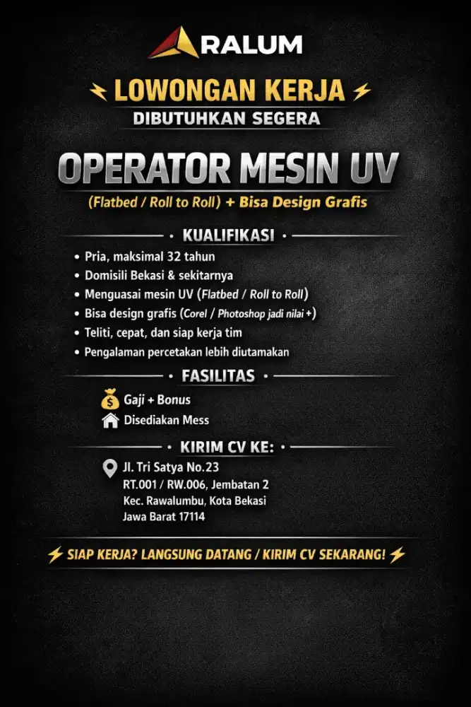 LOWONGAN KERJA DI BUTUHKAN SEGERA OPERATOR MESIN UV