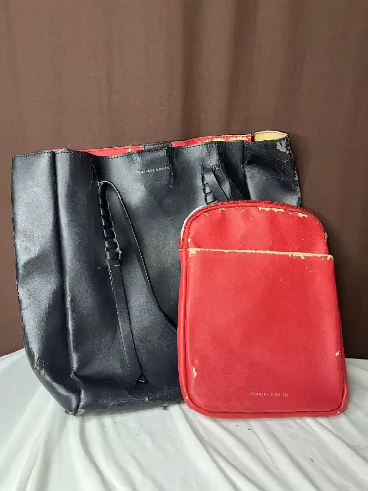 Charles & Keith Tote Bag Vintage 2020 PU Leather (Kondisi Repair)