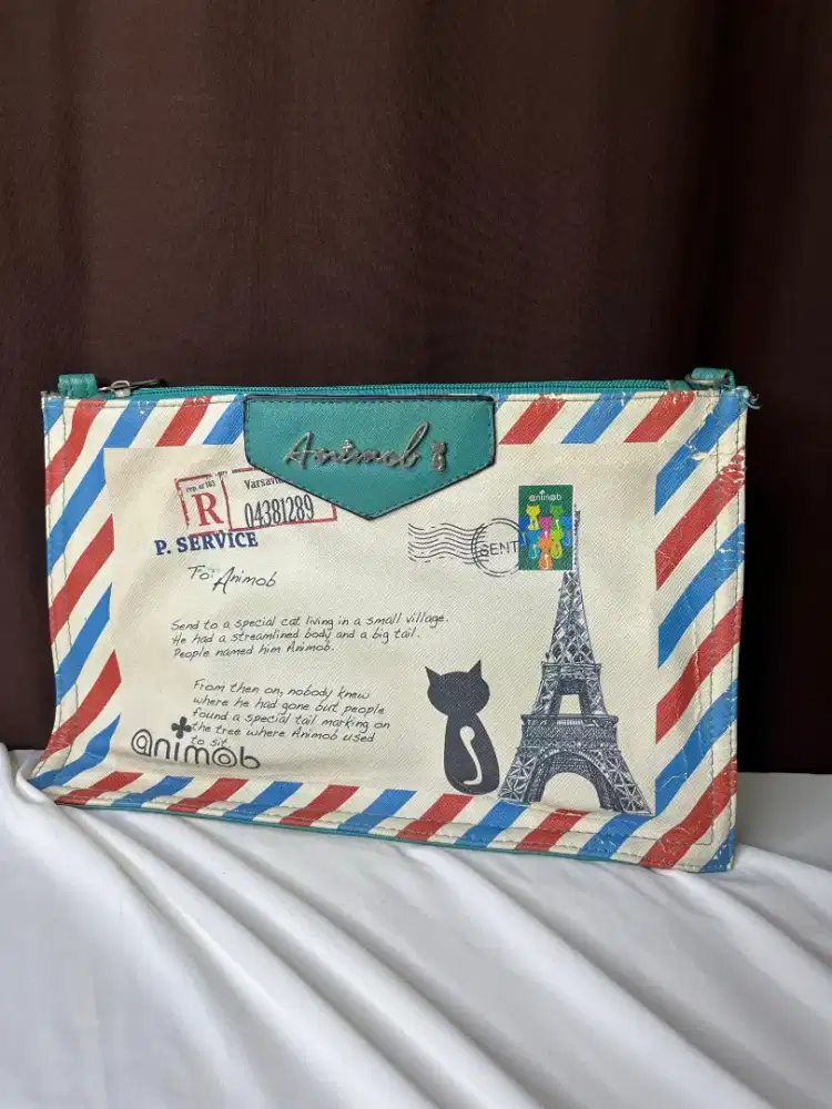 Animob Airmail Paris Cat Document Pouch Sling Bag Teal 30x19cm