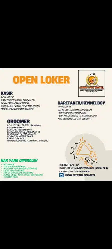 Di cari groomer dan kasir berpengalaman