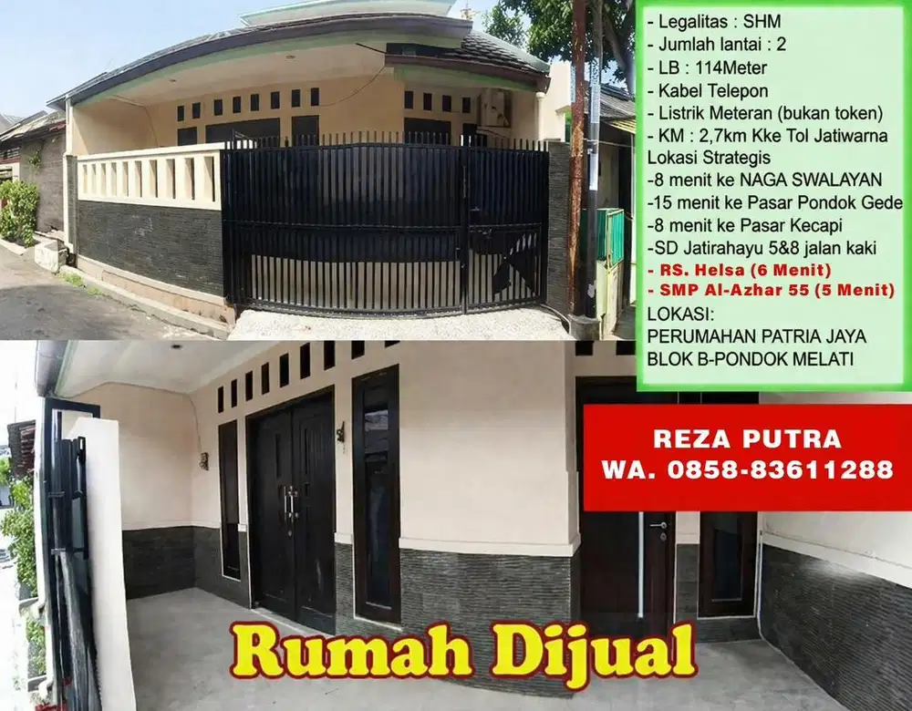 Dijual cepat rumah BU strategis jatirahayu perum. Patria Jaya