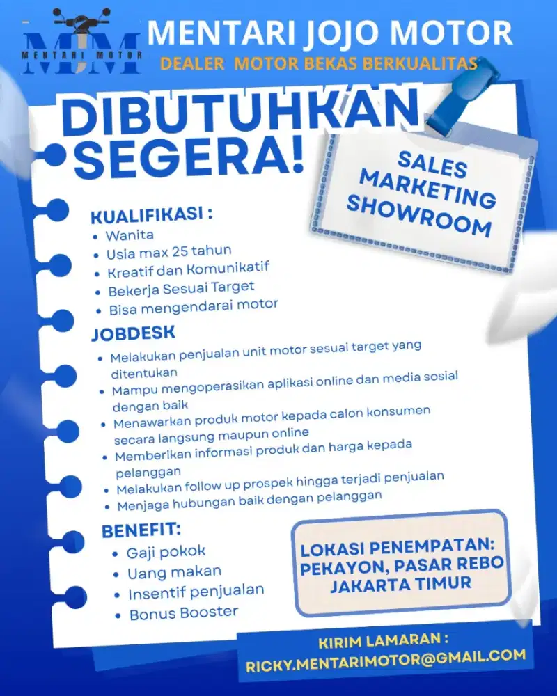 DIBUTUHKAN SEGERA! SALES MARKETING SHOWROOM MOTOR!