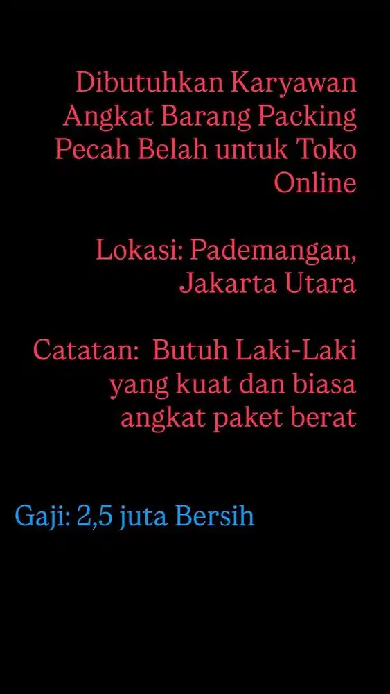 Lowongan Kerja Laki - Laki Angkut Paket Online Shop