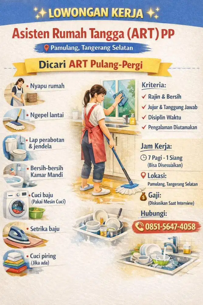 DIBUTUHKAN ART BERSIH BERSIH PULANG PERGI DI PAMULANG