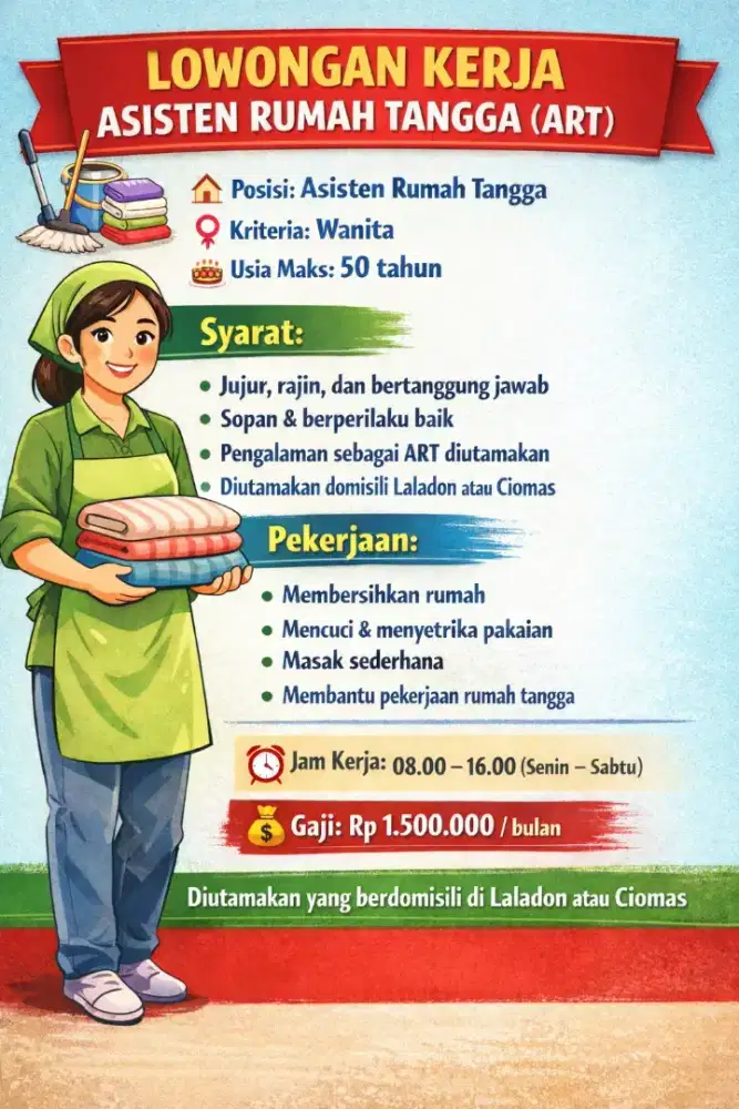 LOWONGAN KERJA – ASISTEN RUMAH TANGGA (ART)