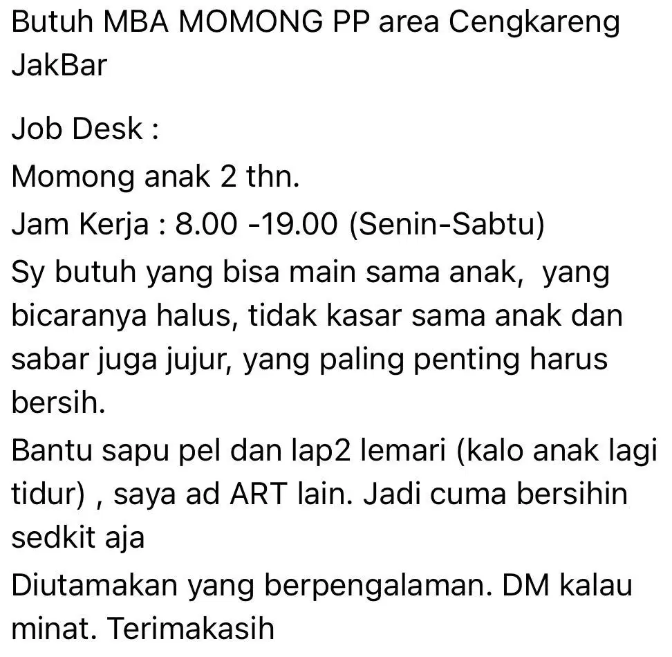 Lowongan Mba ART momong anak (PP)