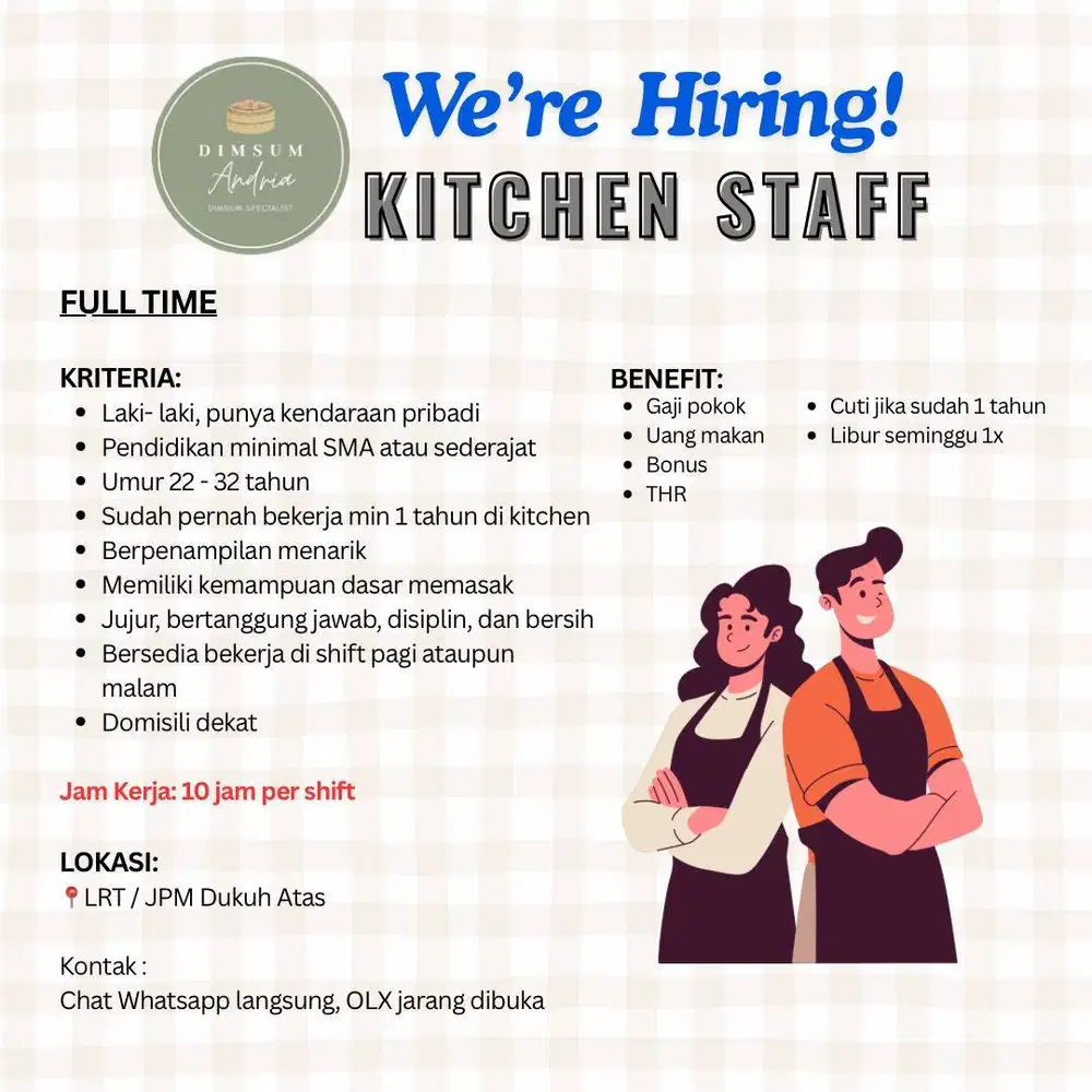 LOWONGAN KERJA KITCHEN STAFF SETIA BUDI JAKARTA SELATAN