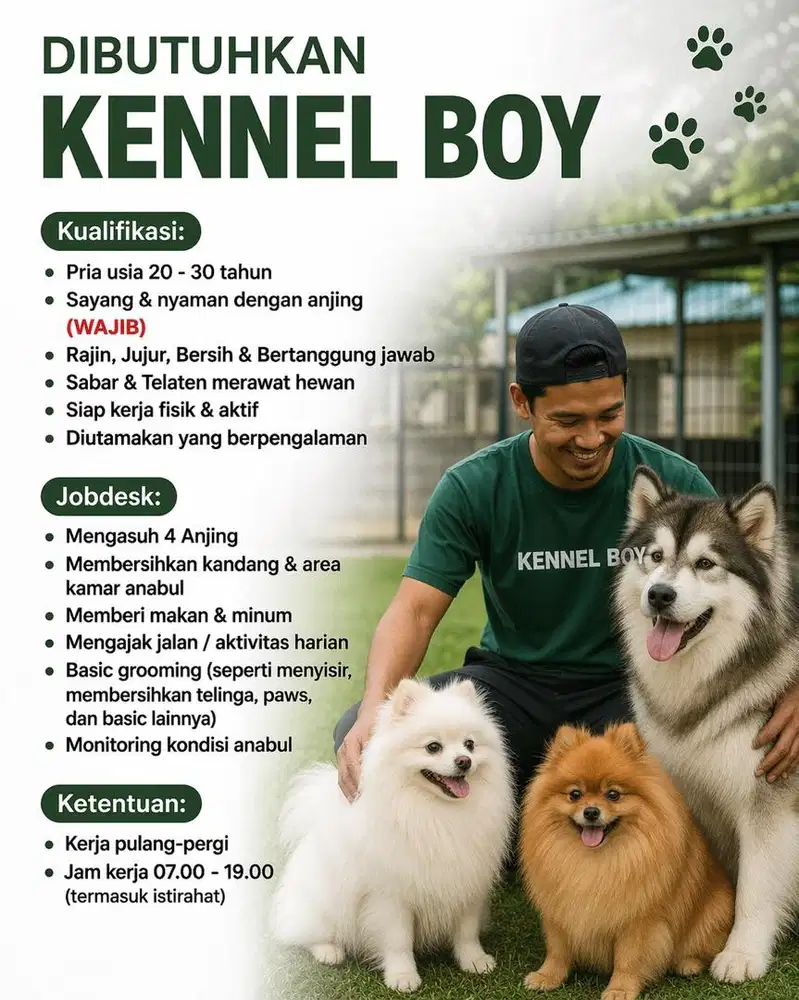 Dibutuhkan Kennel Boy wilayah Surabaya Timur