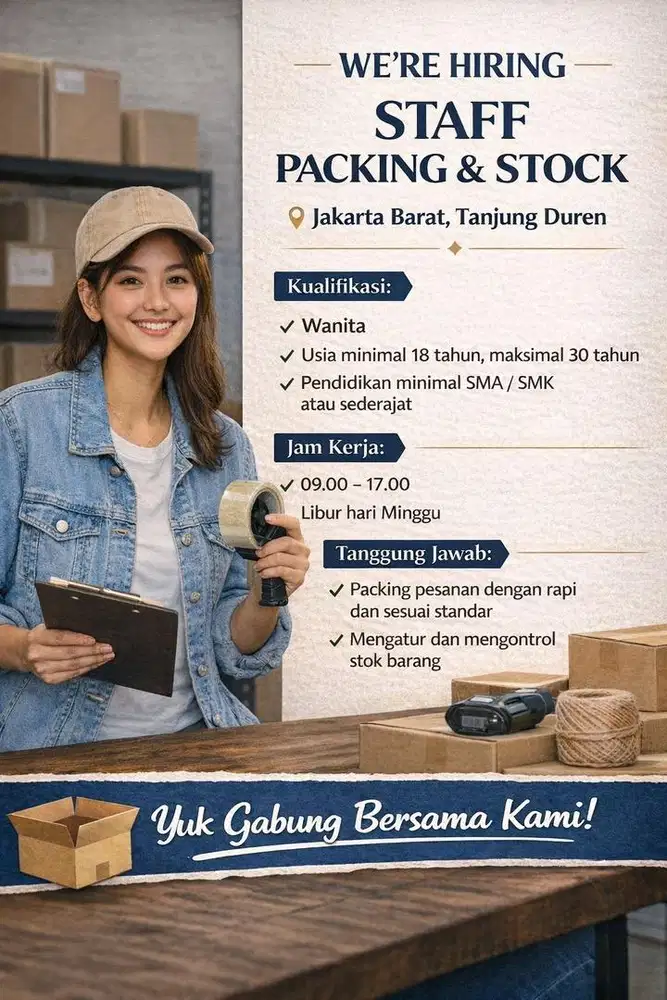 Dicari staff packing perempuan untuk brand aksesoris perempuan